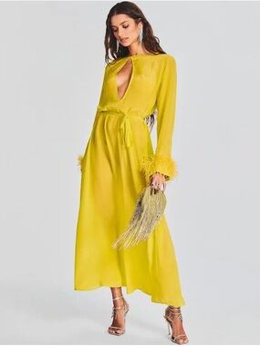 Retrofete  Chartreuse dress/caftan with Feather Cuff and Tie Waist